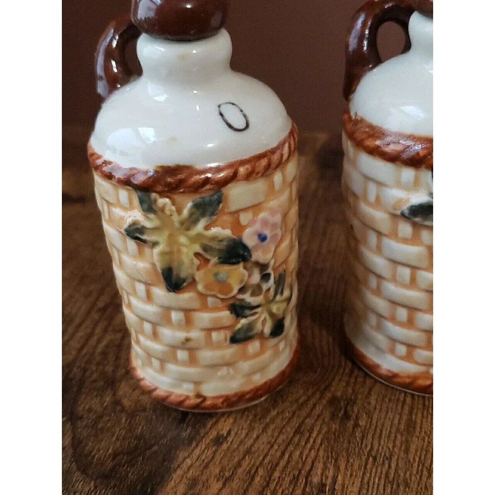 Vintage Oil & Vinegar Bottle Ceramic Basketweave Hand Painted Floral Cruets